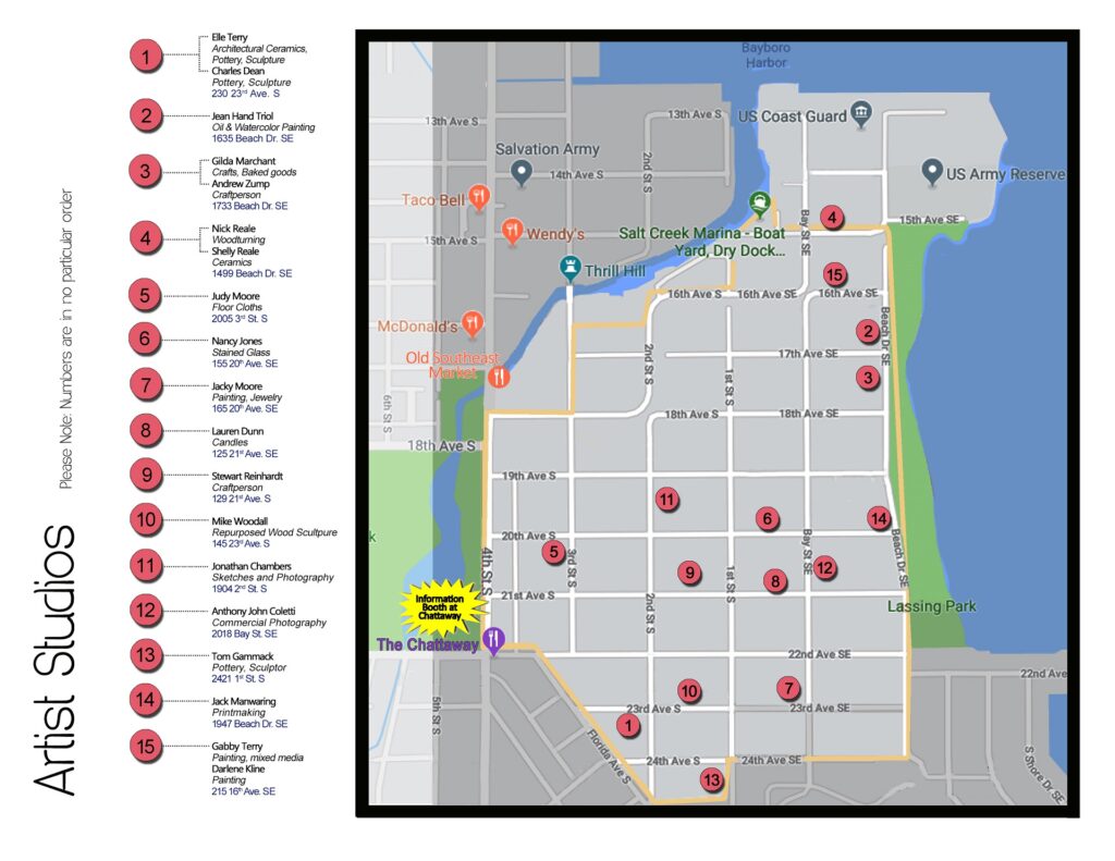 A map of Old Southeast Neighborhood's Artist Enclave Studio Tour